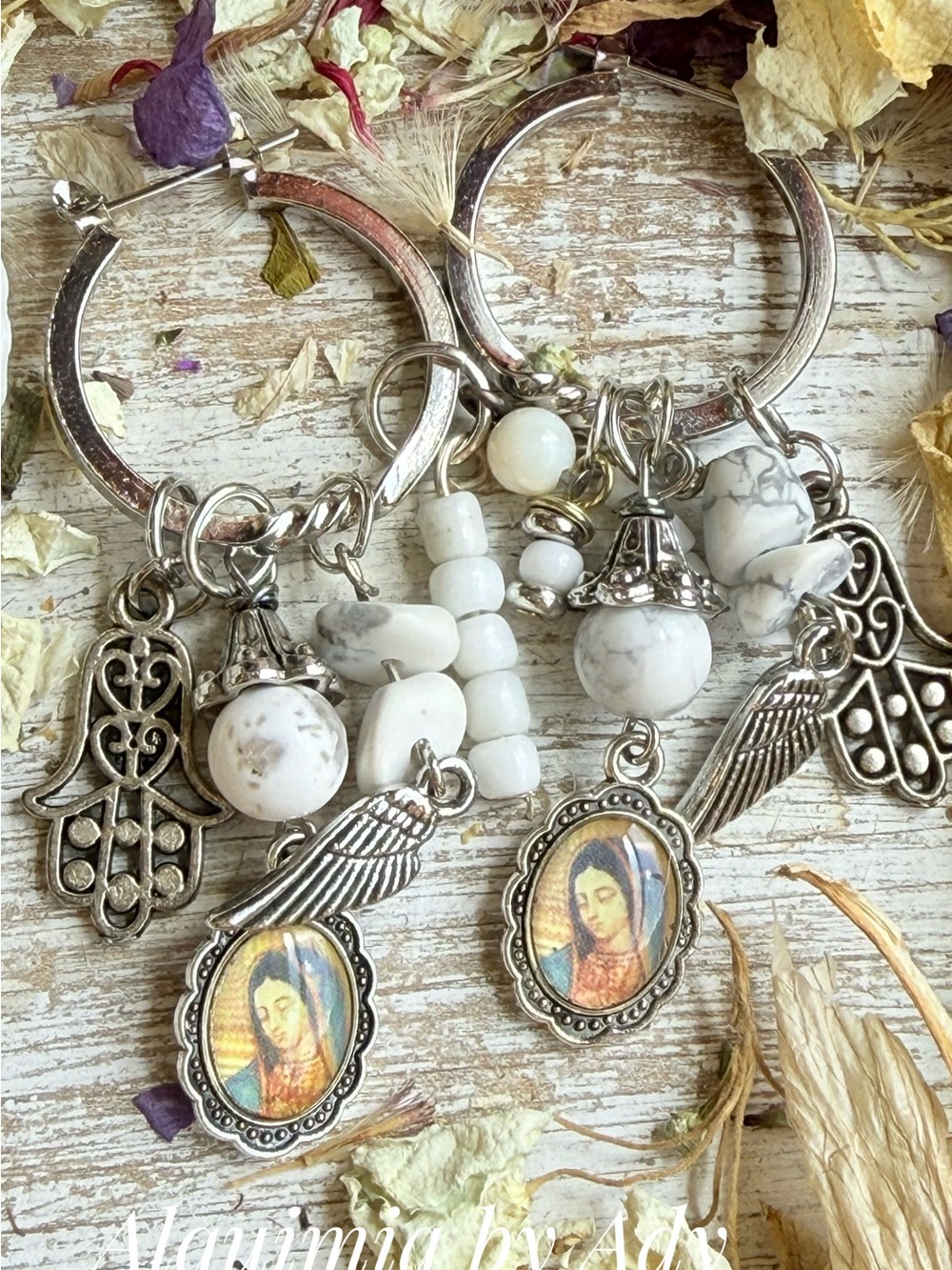 Silver Hoop Earrings with White Howlite Beads and Religious Charms